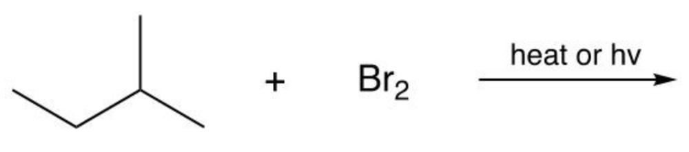 Structural formula of an alkane reacting with bromine under heat or light, indicating a monosubstitution reaction.