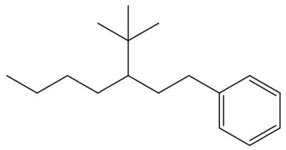 Line drawing of 3-tert-butyl-1-phenylheptane showing a heptane chain with a phenyl group at carbon 1 and a tert-butyl group at carbon 3.