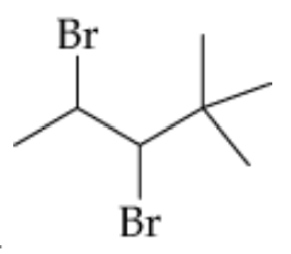Chemical structure of a dibrominated alkene, illustrating halogenation reaction with bromine atoms attached.