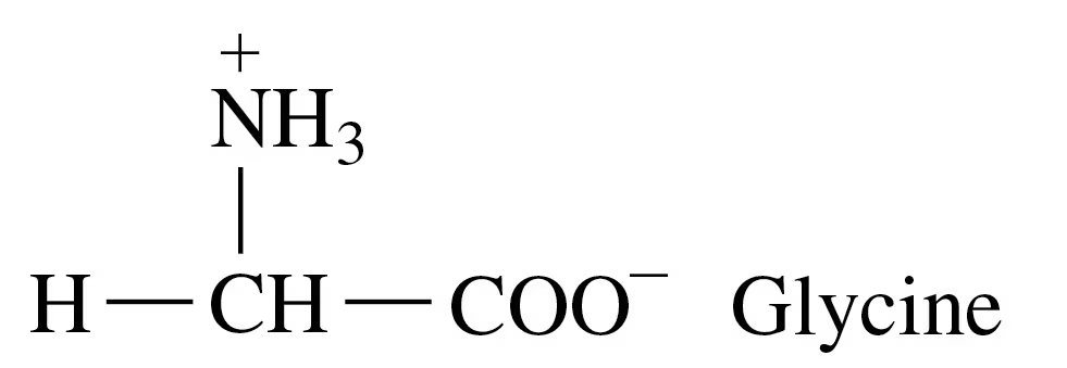 Condensed structural formula of glycine, showing its amino group, carboxyl group, and hydrogen atom.