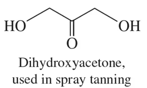 Chemical structure of Dihydroxyacetone, with labels indicating its use in spray tanning.