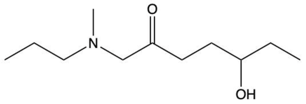 Structural formula of 4-hydroxy-N-methyl-N-propylheptanamide showing carbon chain, hydroxyl, amide, and alkyl groups.