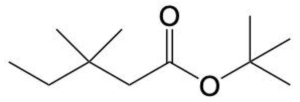 Structural formula of an ester with a tert-butyl group attached to the oxygen and a 2,2-dimethylbutanoate chain.
