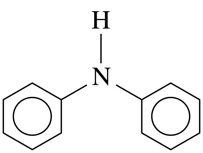 Chemical structure of diphenylamine, featuring a nitrogen atom bonded to two phenyl groups.