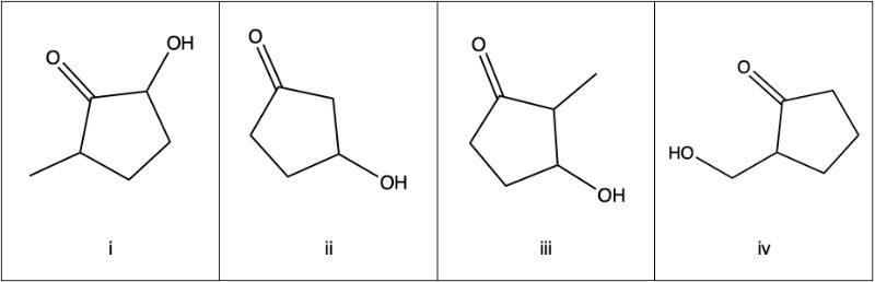 Four chemical structures labeled i to iv, depicting cyclic alpha-hydroxy ketones for identification.