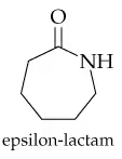 Structure of epsilon-lactam, a cyclic amide with an amide group in the ring.