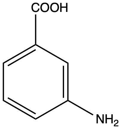 Chemical structure of m-aminobenzoic acid with COOH and NH2 groups.