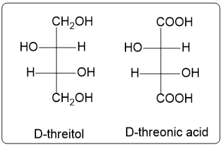 Fischer projections of D-threose reduction products: D-threitol and D-threonic acid.