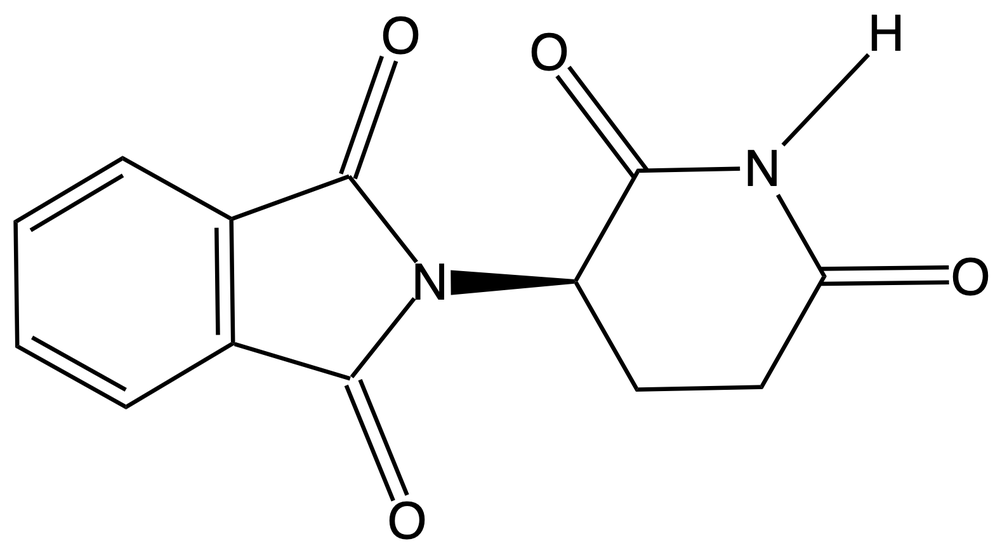 Chemical structure of thalidomide showing a chiral center with attached phthalimide and glutarimide rings.
