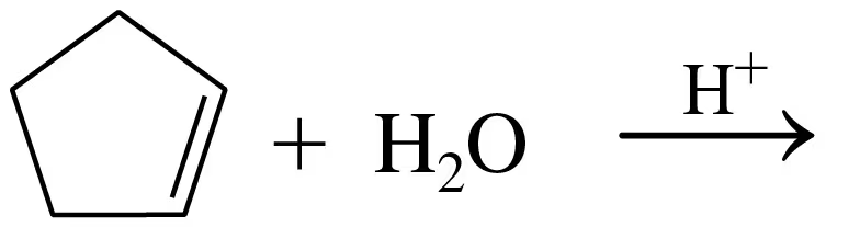 Condensed structural formula showing a pentagon-shaped molecule reacting with water and a proton, indicating a hydration reaction.
