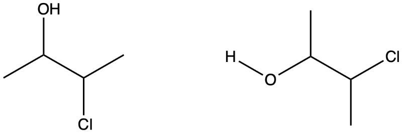 Two chemical structures for comparison in hydrocarbons: one with OH and Cl, the other with H and Cl.