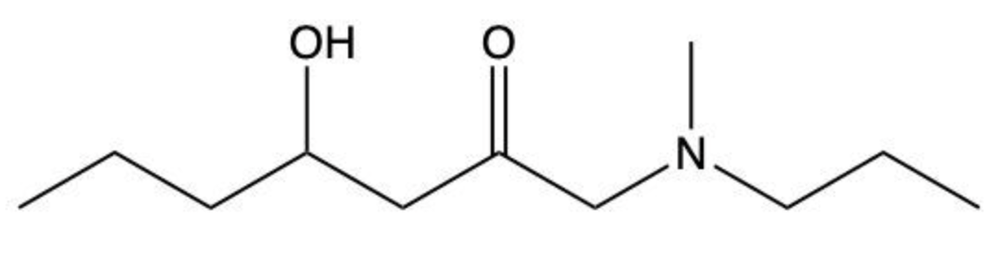 Structural chemical diagram of 4-hydroxy-N-methyl-N-propylheptanamide showing hydroxyl, carbonyl, and amide groups.