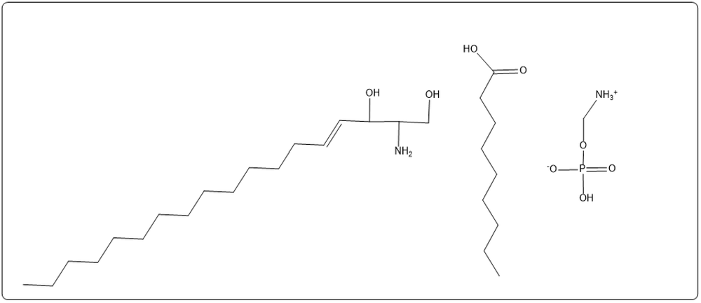 Chemical structure of sphingomyelin hydrolysis products with hydroxyl and phosphate groups.