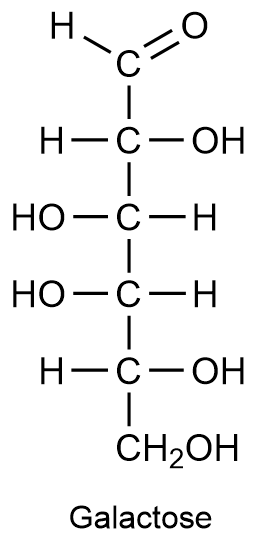 Structural formula of galactose, an aldohexose monosaccharide.