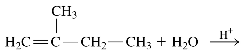 Structural formula of an alkene reacting with water and an acid catalyst, showing the reactants and products.