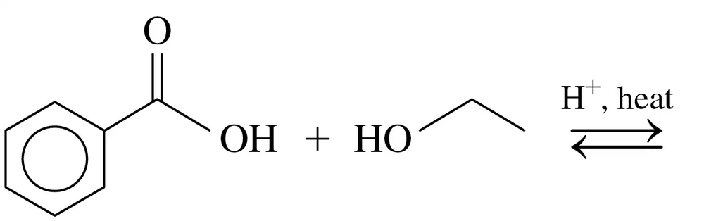 Condensed structural formulas showing the reaction of a carboxylic acid and an alcohol with heat and acid catalyst.