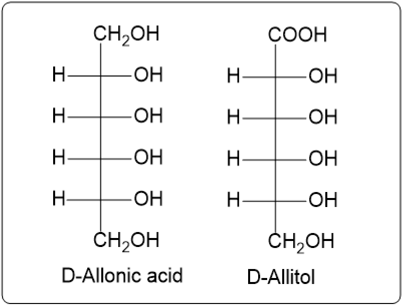 Fischer projections of D-Allonic acid and D-Allitol from D-allose's reduction.