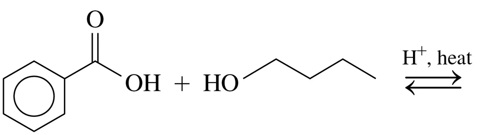 Condensed structural formula showing the reaction of a carboxylic acid and an alcohol to form an ester.
