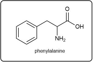 Chemical structure of phenylalanine, an amino acid represented by the letter F.