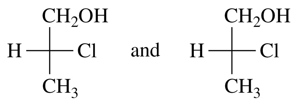 Fischer projections of two compounds labeled as "H, CH2OH, Cl, CH3" and "H, CH2OH, Cl, CH3" for comparison.