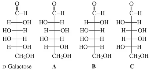 Fischer projections of D-galactose and its carbon 3 epimer variations labeled A, B, and C.