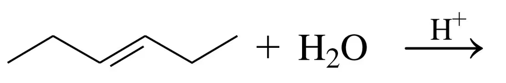 Structural formula showing a reaction between an alkene and water, with a proton symbol indicating hydration.