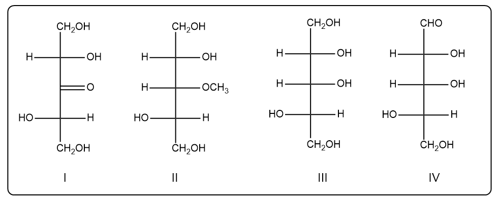 Structures of carbohydrates labeled I to IV, question asks for the ketopentose.