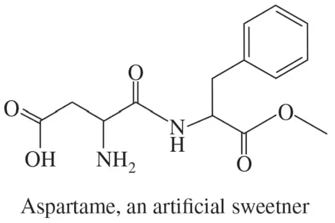 Chemical structure of aspartame, an artificial sweetener, with labeled functional groups.