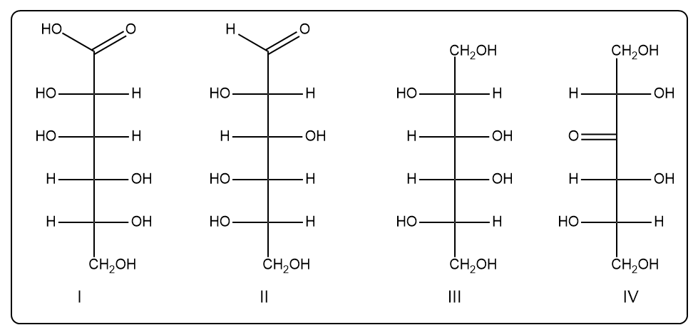 Four Fischer projections labeled I to IV, depicting different aldohexose structures.