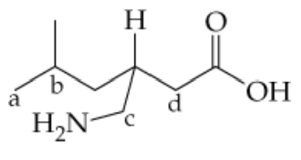 Line structure of pregabalin with labeled carbons a–d for identification as primary, secondary, tertiary, or quaternary.