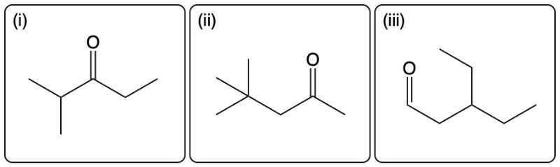 Three chemical structures representing ketones for naming exercise in Chapter 15 of the gob course.