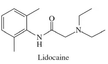 Chemical structure of Lidocaine, highlighting its functional groups including amine and amide.