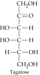 Structural formula of Tagatose, showing its carbonyl group and carbon atom arrangement.