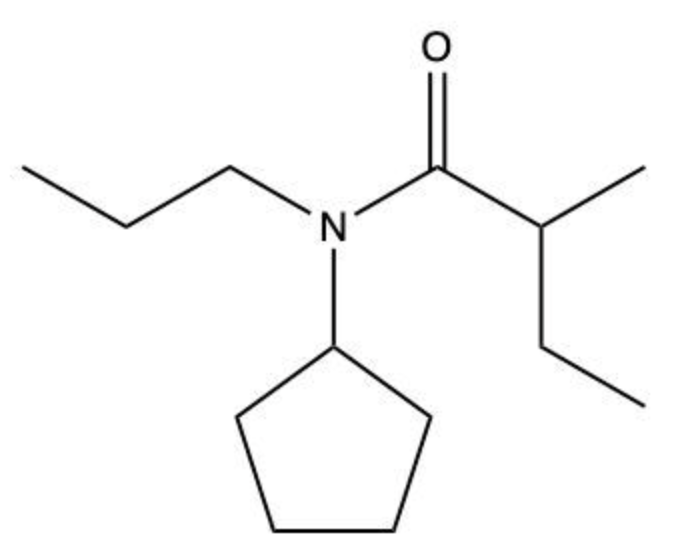 Structural formula of N-cyclopentyl-N-propylvaleramide showing amide group with cyclopentyl and propyl substituents.
