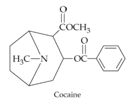 Chemical structure of cocaine, highlighting its functional groups including esters and a nitrogen-containing ring.
