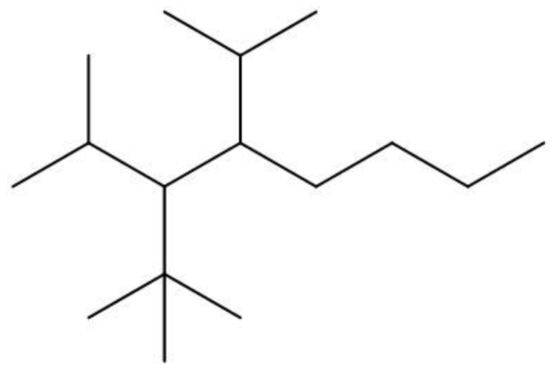 Line drawing of an octane chain with tert-butyl, isopropyl, and methyl substituents at carbons 4, 3, and 2 respectively.