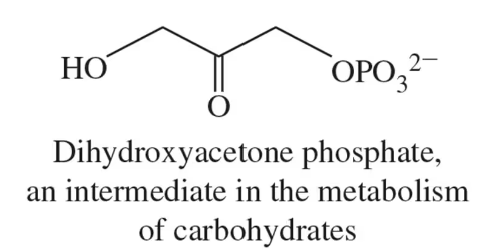 Chemical structure of dihydroxyacetone phosphate, labeled as an intermediate in carbohydrate metabolism.