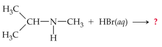 Chemical equation showing an amine reacting with aqueous HBr, with a question mark indicating an incomplete reaction.