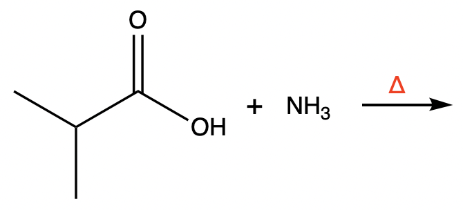 Reaction showing carboxylic acid and ammonia forming an amide product.