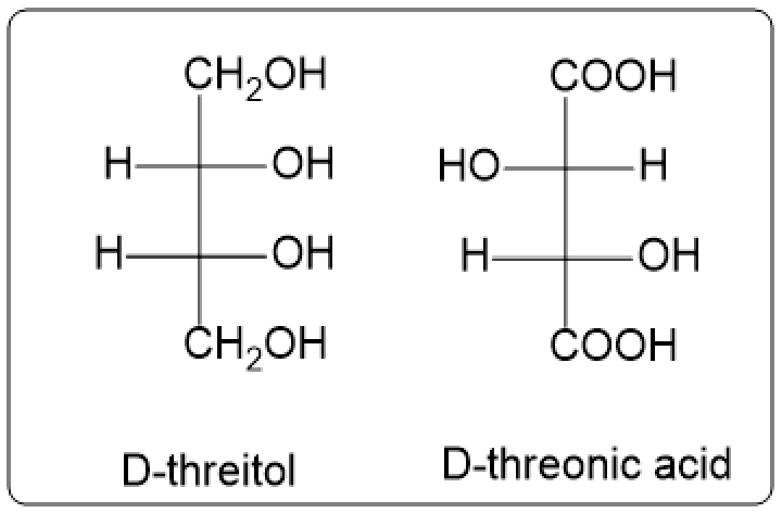 Fischer projections of D-threose reduction products: D-threitol and D-threonic acid.