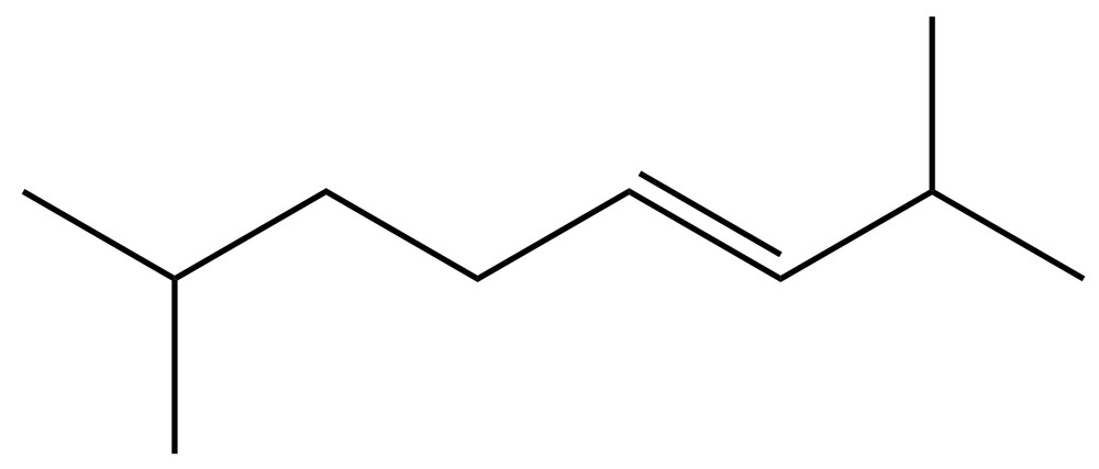 Structural formula of a branched alkene with two double bonds and two isopropyl groups on a carbon chain.