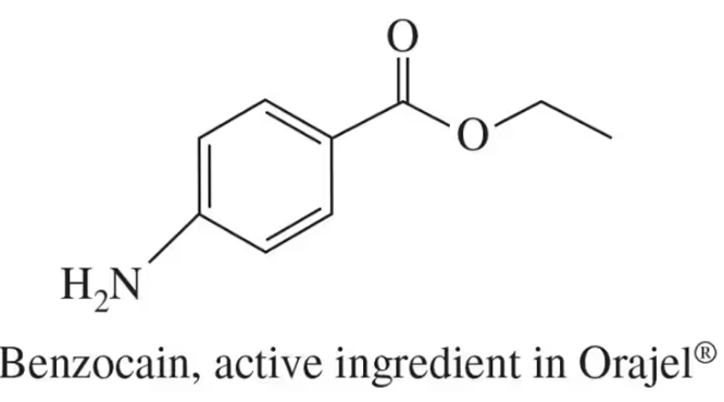Chemical structure of benzocaine, labeled as the active ingredient in Orajel, with an amine and ester functional group.