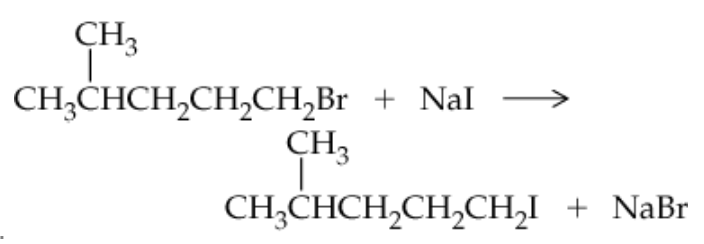 Chemical reaction showing the substitution of bromine with iodine in an alkane, producing sodium bromide.