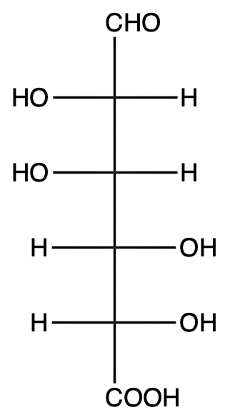 Structure of mannuronic acid showing its aldehyde and carboxylic acid groups.