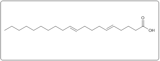 Structure of a linear 20-carbon unsaturated fatty acid with double bonds, featuring a carboxylic acid group.