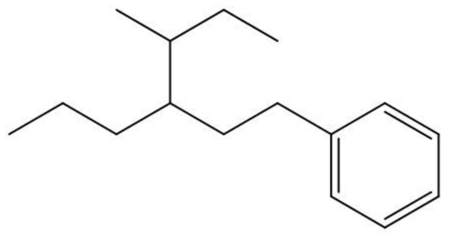 Skeletal formula of 3-tert-butyl-1-phenylheptane showing a heptane chain with phenyl and tert-butyl substituents.