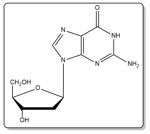 Chemical structure of deoxyguanosine, a nucleoside in nucleic acids.