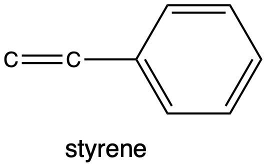Chemical structure of styrene monomer with a double bond and a phenyl group.