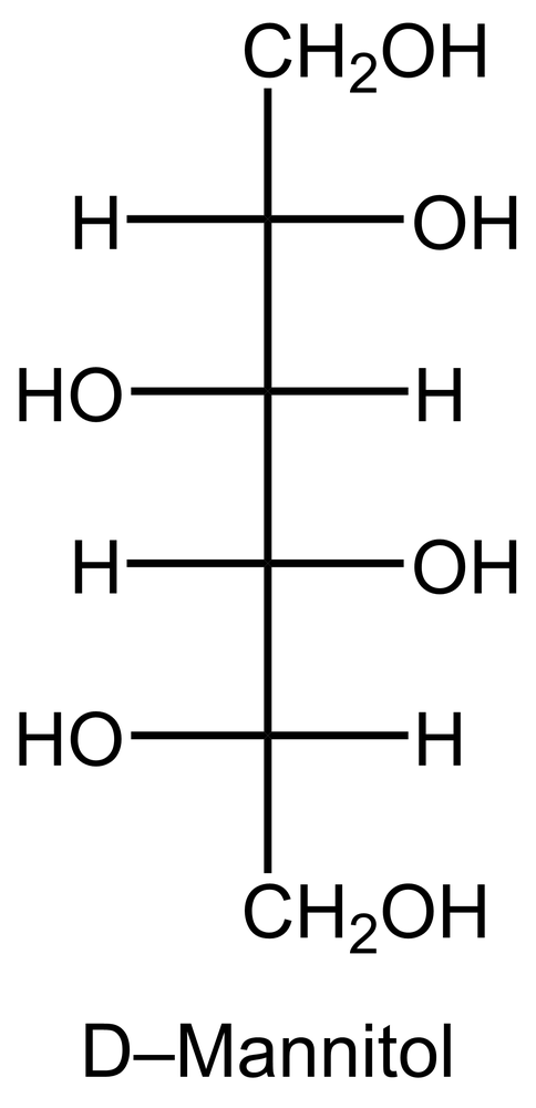 Fischer projection of D-mannitol showing hydroxyl and hydrogen groups on a six-carbon chain sugar alcohol.