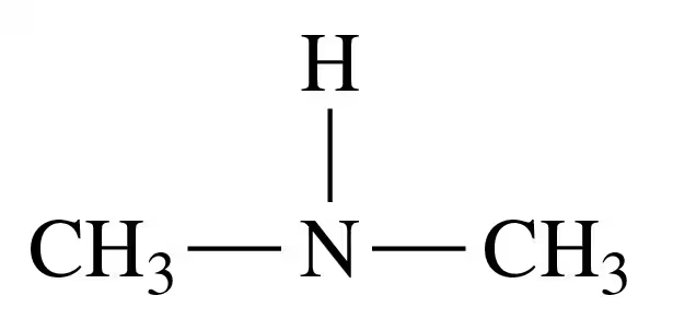 Structural formula of dimethylamine, showing nitrogen bonded to two methyl groups and one hydrogen atom.